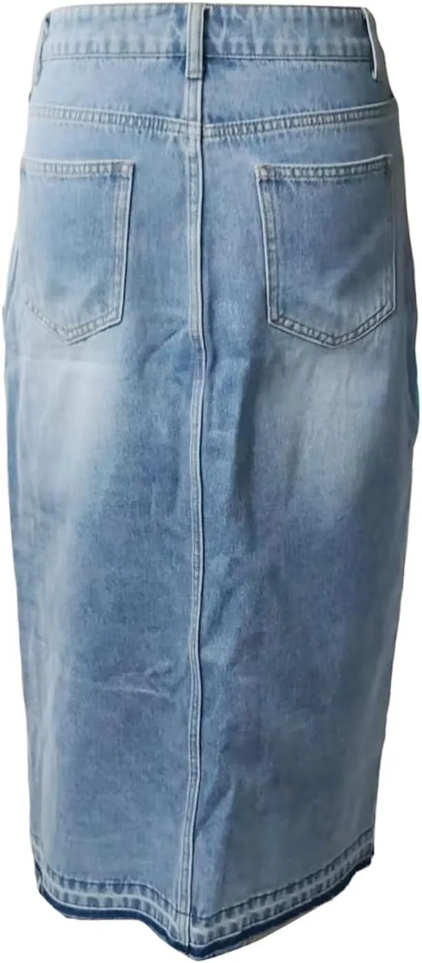 Women High Waist Denim Skirts Solid Color Tassel Hem Long Jeans Skirts Spring Summer Casual Skirts Streetwear