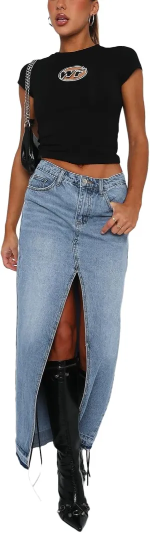 Women High Waist Denim Skirts Solid Color Tassel Hem Long Jeans Skirts Spring Summer Casual Skirts Streetwear