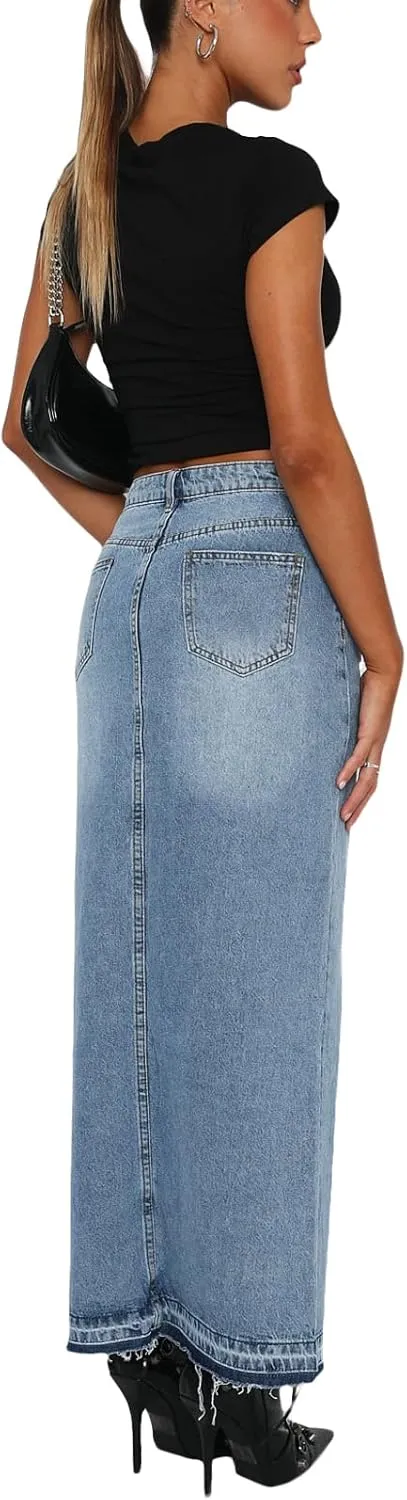 Women High Waist Denim Skirts Solid Color Tassel Hem Long Jeans Skirts Spring Summer Casual Skirts Streetwear