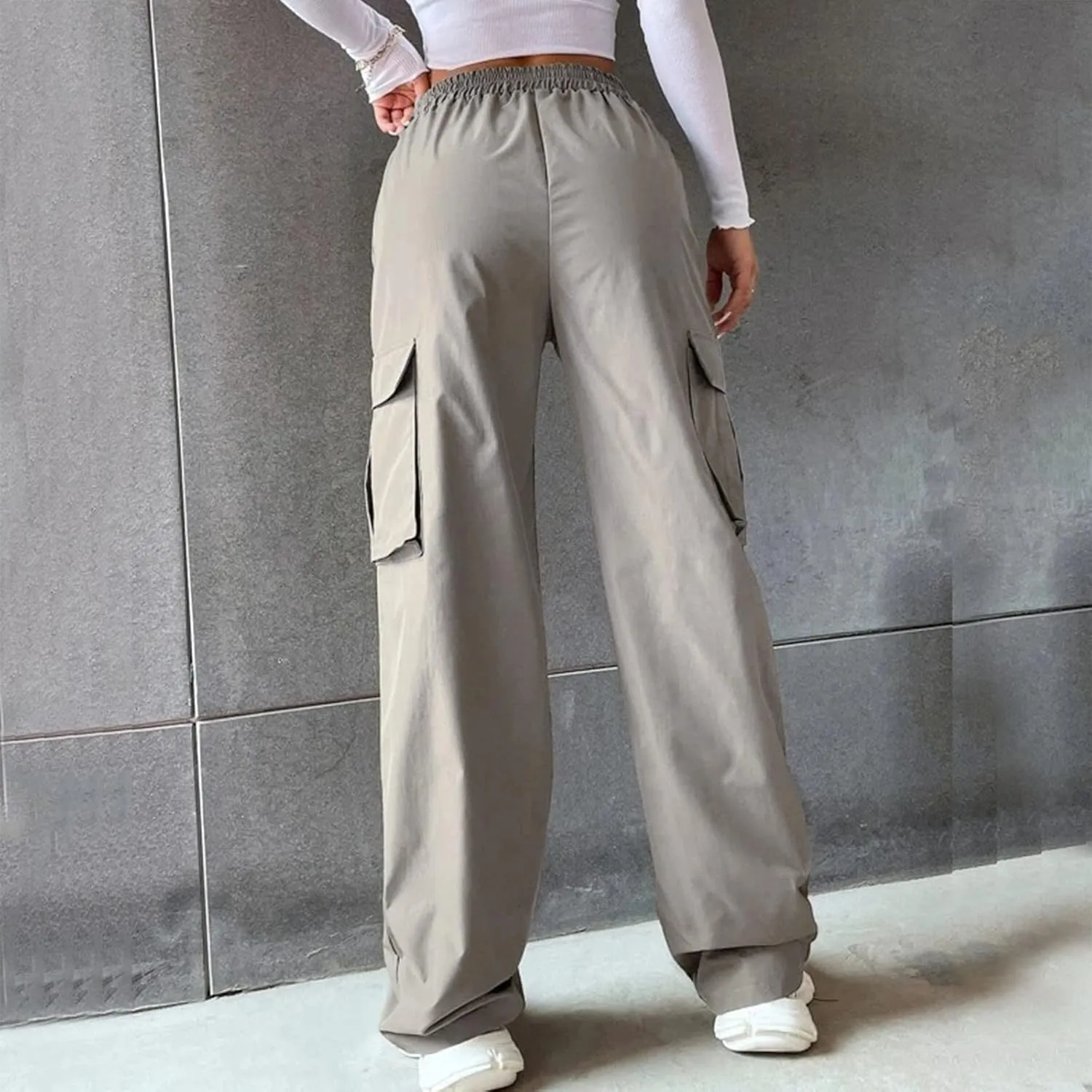 Women High Waisted Wide Leg Cargo Pants Button Down Loose Casual Trendy Work Trousers with 2 Pockets