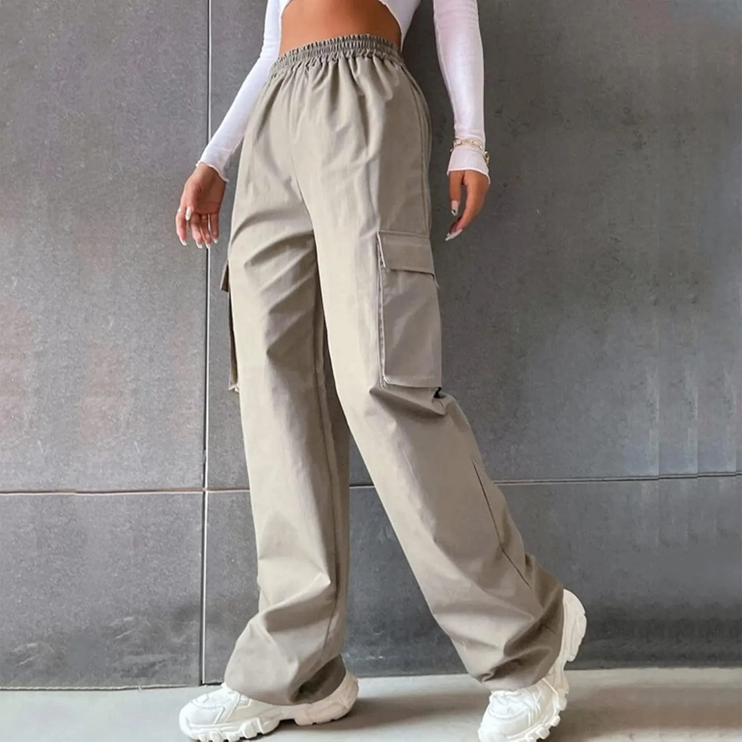 Women High Waisted Wide Leg Cargo Pants Button Down Loose Casual Trendy Work Trousers with 2 Pockets