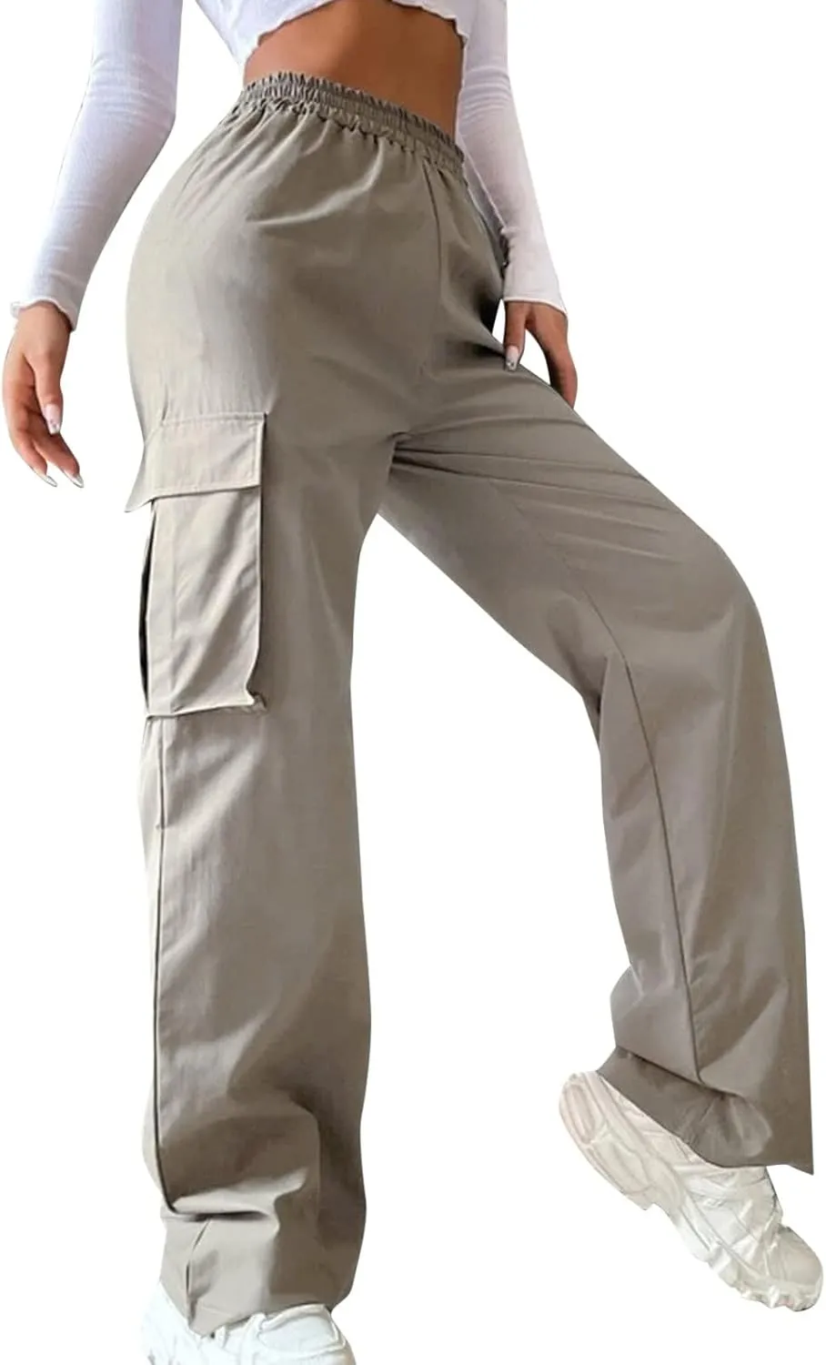 Women High Waisted Wide Leg Cargo Pants Button Down Loose Casual Trendy Work Trousers with 2 Pockets