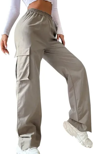 Women High Waisted Wide Leg Cargo Pants Button Down Loose Casual Trendy Work Trousers with 2 Pockets