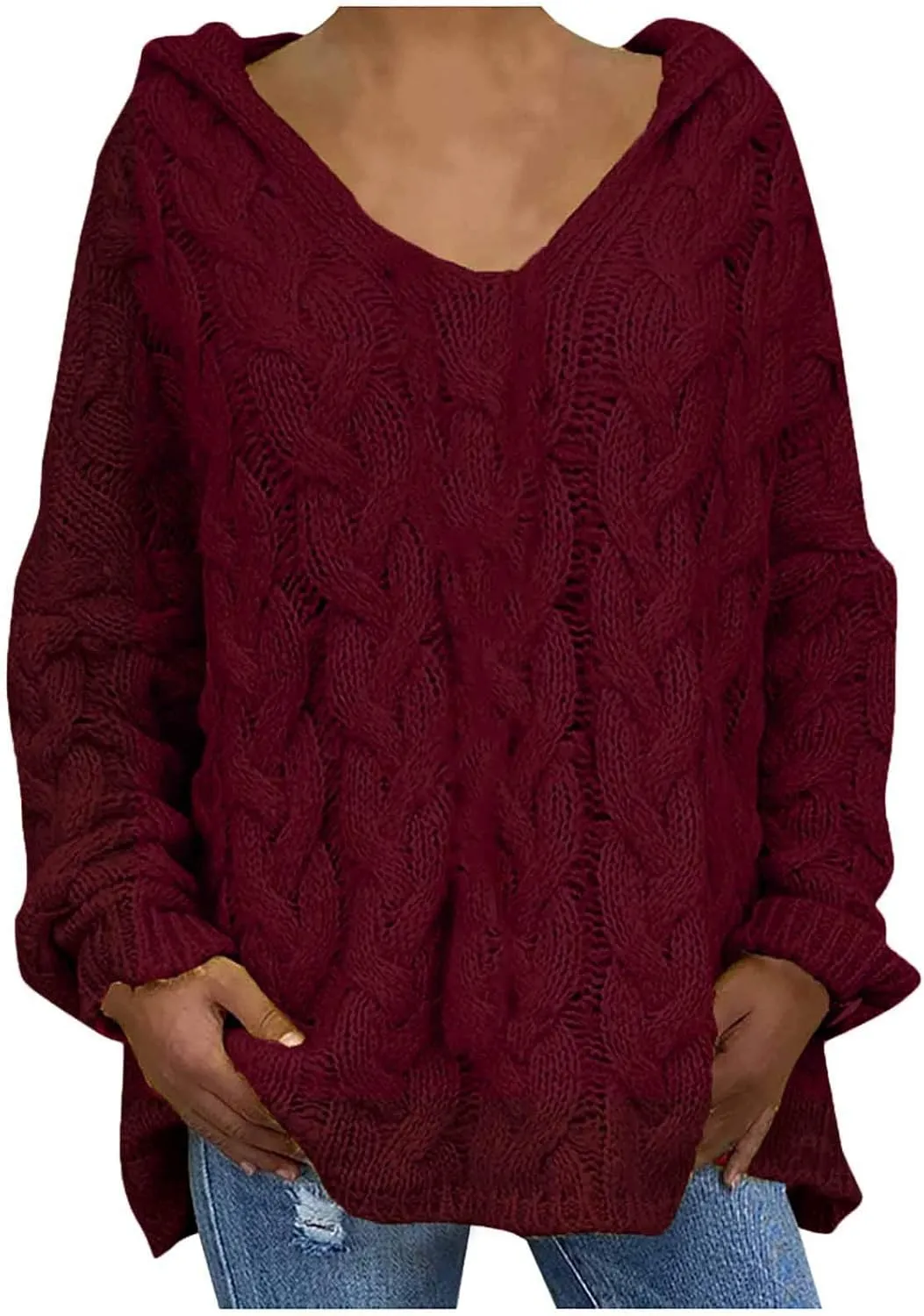 Women Hooded Sweater Cable Knit Pullover Sweaters Casual Plus Size Jumper Tops 2022 Chunky Warm Fall Outfits Y2k Modern