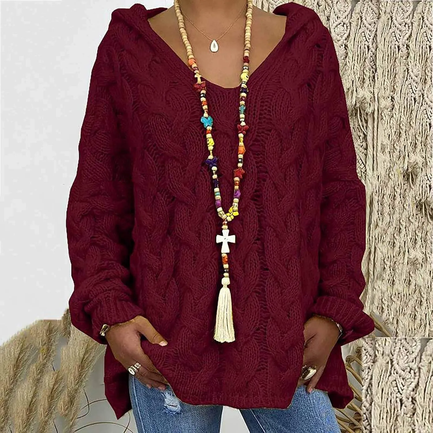 Women Hooded Sweater Cable Knit Pullover Sweaters Casual Plus Size Jumper Tops 2022 Chunky Warm Fall Outfits Y2k Modern