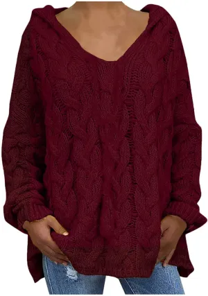 Women Hooded Sweater Cable Knit Pullover Sweaters Casual Plus Size Jumper Tops 2022 Chunky Warm Fall Outfits Y2k Modern