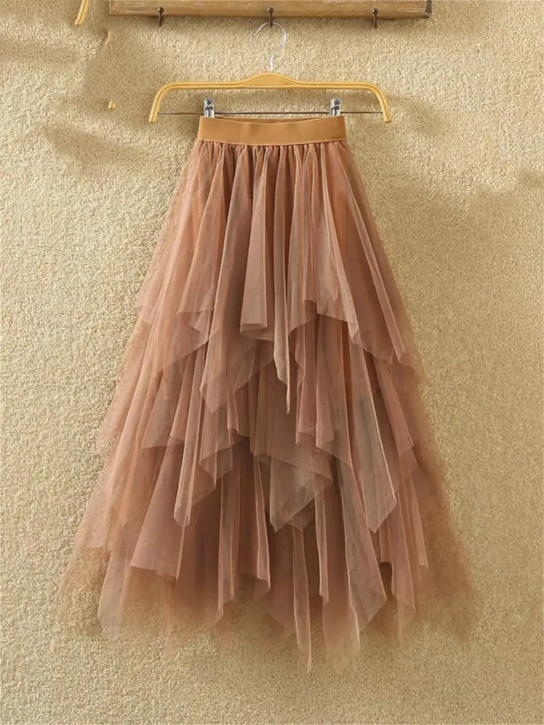 Women Irregular Tulle Skirts Fashion Elastic High Waist Mesh Skirt Pleated Long Skirts Midi Skirts Femmle