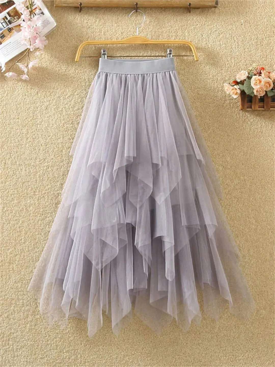 Women Irregular Tulle Skirts Fashion Elastic High Waist Mesh Skirt Pleated Long Skirts Midi Skirts Femmle