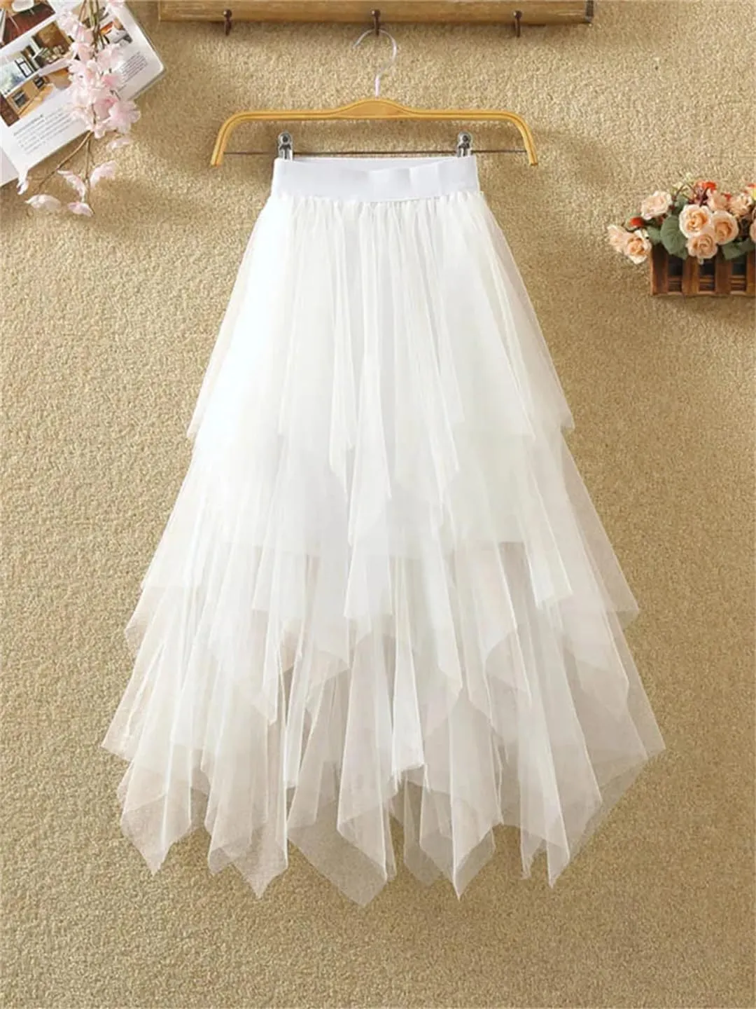 Women Irregular Tulle Skirts Fashion Elastic High Waist Mesh Skirt Pleated Long Skirts Midi Skirts Femmle