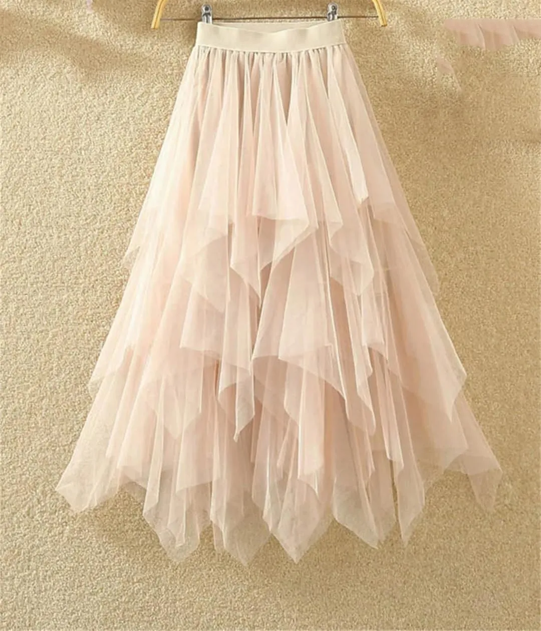 Women Irregular Tulle Skirts Fashion Elastic High Waist Mesh Skirt Pleated Long Skirts Midi Skirts Femmle