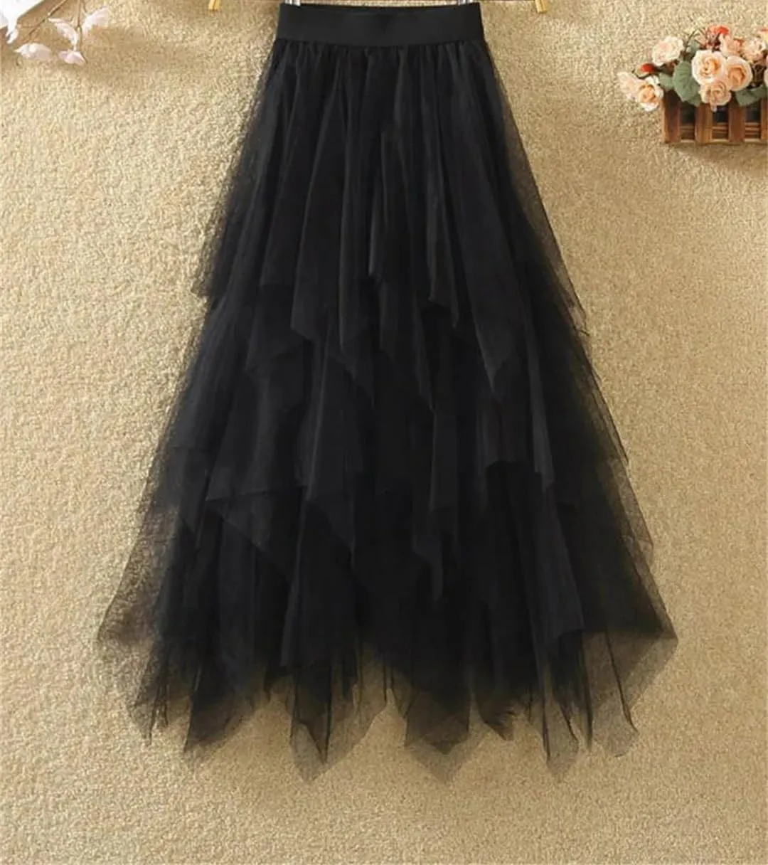 Women Irregular Tulle Skirts Fashion Elastic High Waist Mesh Skirt Pleated Long Skirts Midi Skirts Femmle