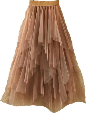 Women Irregular Tulle Skirts Fashion Elastic High Waist Mesh Skirt Pleated Long Skirts Midi Skirts Femmle