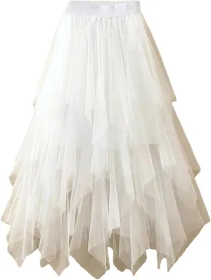 Women Irregular Tulle Skirts Fashion Elastic High Waist Mesh Skirt Pleated Long Skirts Midi Skirts Femmle