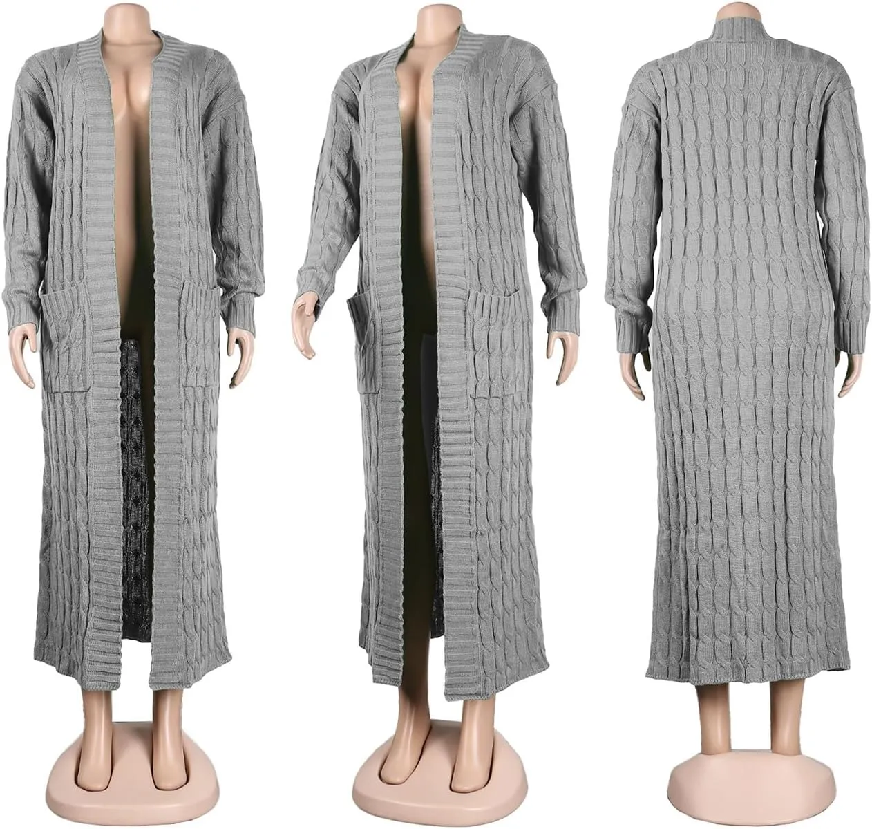 Women Long Sleeve Open Front Cardigan Sweaters Lightweight Chunky Cable Knit Draped Outwear Pockets Kimonos Outfits