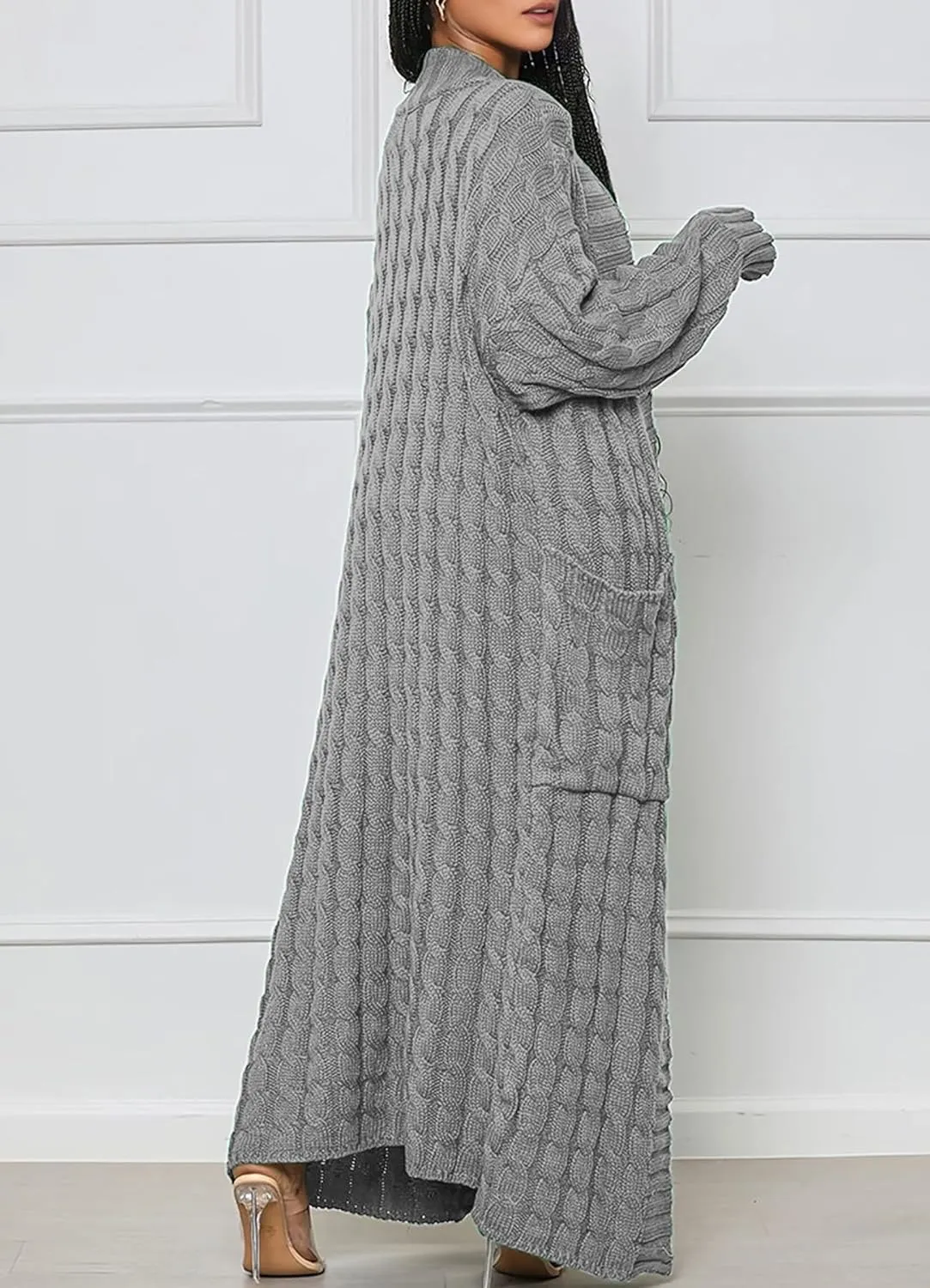 Women Long Sleeve Open Front Cardigan Sweaters Lightweight Chunky Cable Knit Draped Outwear Pockets Kimonos Outfits