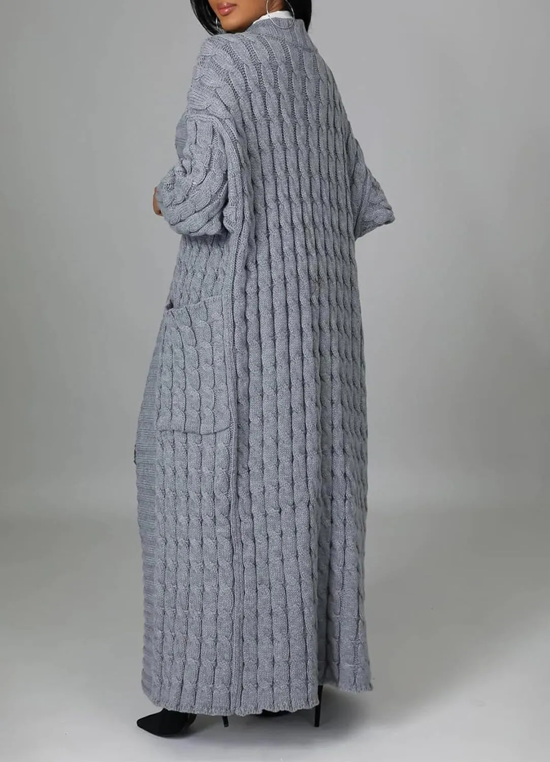 Women Long Sleeve Open Front Cardigan Sweaters Lightweight Chunky Cable Knit Draped Outwear Pockets Kimonos Outfits