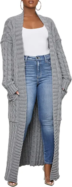 Women Long Sleeve Open Front Cardigan Sweaters Lightweight Chunky Cable Knit Draped Outwear Pockets Kimonos Outfits
