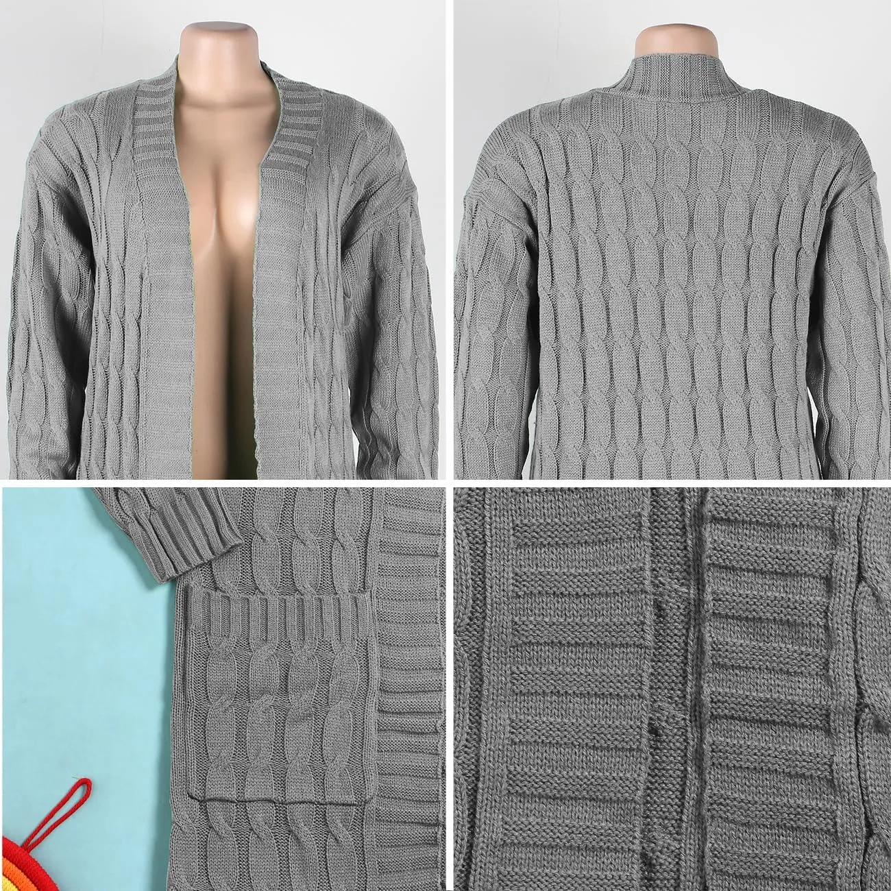 Women Long Sleeve Open Front Cardigan Sweaters Lightweight Chunky Cable Knit Draped Outwear Pockets Kimonos Outfits