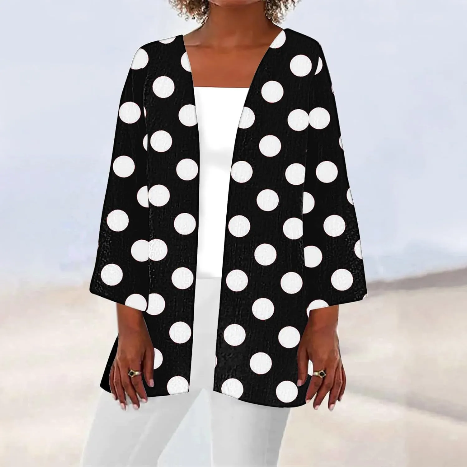 Women Open Front Cardigan Lightweight Polka Dot Print 3/4 Sleeve Chiffon Blouse Swater Coat Casual Summer Beachwear