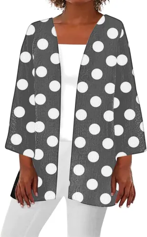 Women Open Front Cardigan Lightweight Polka Dot Print 3/4 Sleeve Chiffon Blouse Swater Coat Casual Summer Beachwear