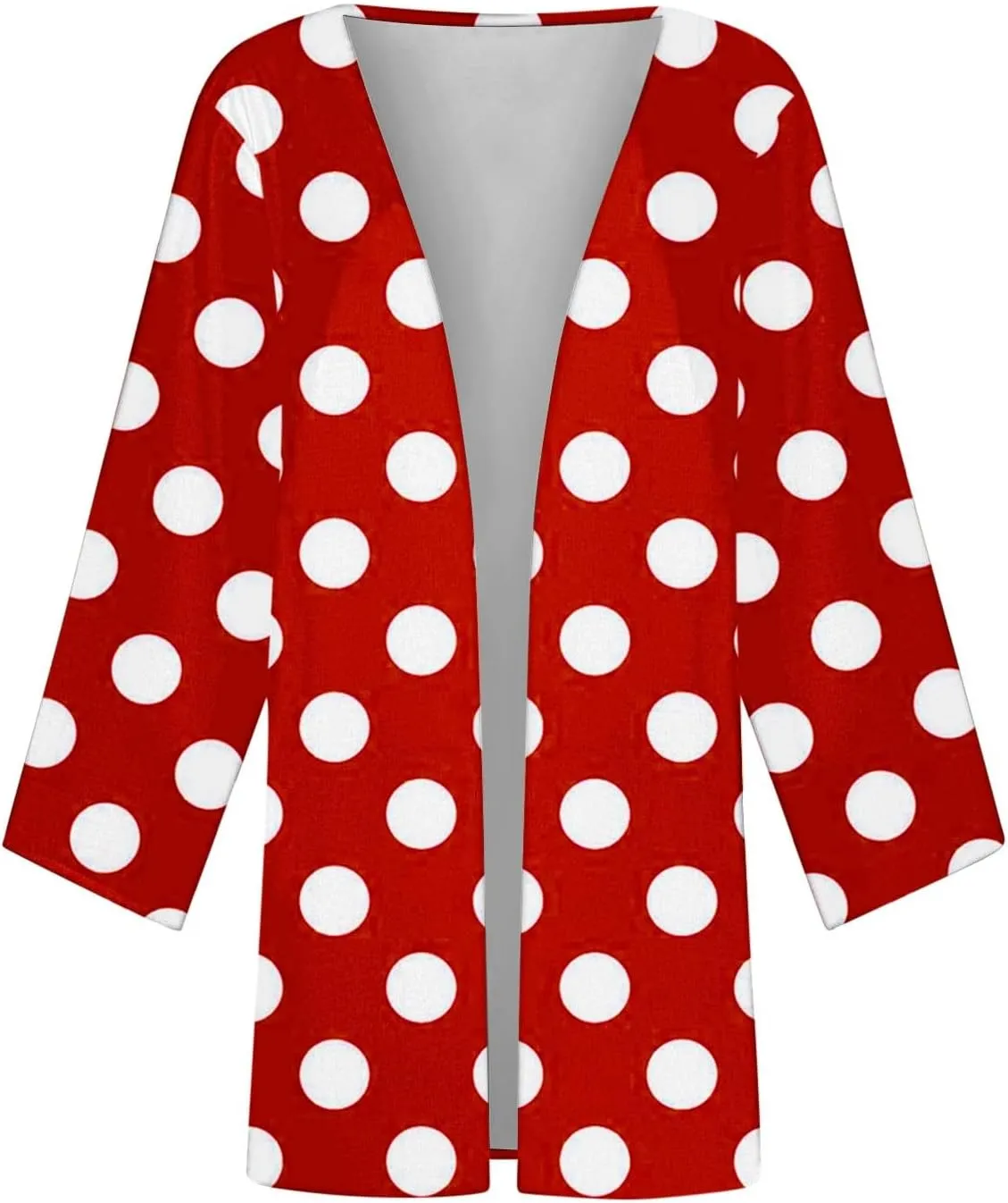 Women Open Front Cardigan Lightweight Polka Dot Print 3/4 Sleeve Chiffon Blouse Swater Coat Casual Summer Beachwear