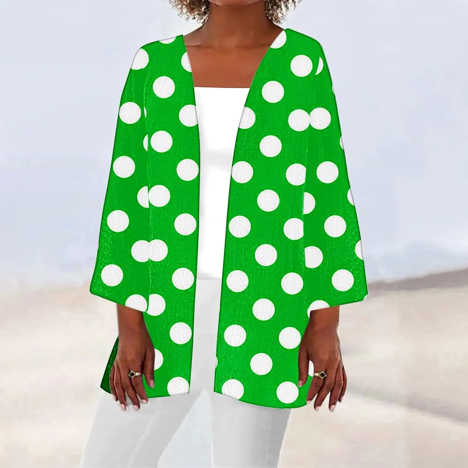 Women Open Front Cardigan Lightweight Polka Dot Print 3/4 Sleeve Chiffon Blouse Swater Coat Casual Summer Beachwear