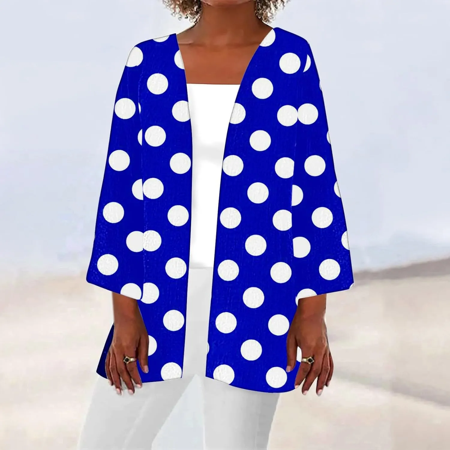 Women Open Front Cardigan Lightweight Polka Dot Print 3/4 Sleeve Chiffon Blouse Swater Coat Casual Summer Beachwear