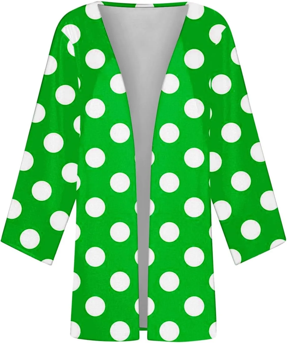 Women Open Front Cardigan Lightweight Polka Dot Print 3/4 Sleeve Chiffon Blouse Swater Coat Casual Summer Beachwear