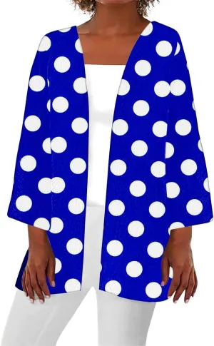 Women Open Front Cardigan Lightweight Polka Dot Print 3/4 Sleeve Chiffon Blouse Swater Coat Casual Summer Beachwear