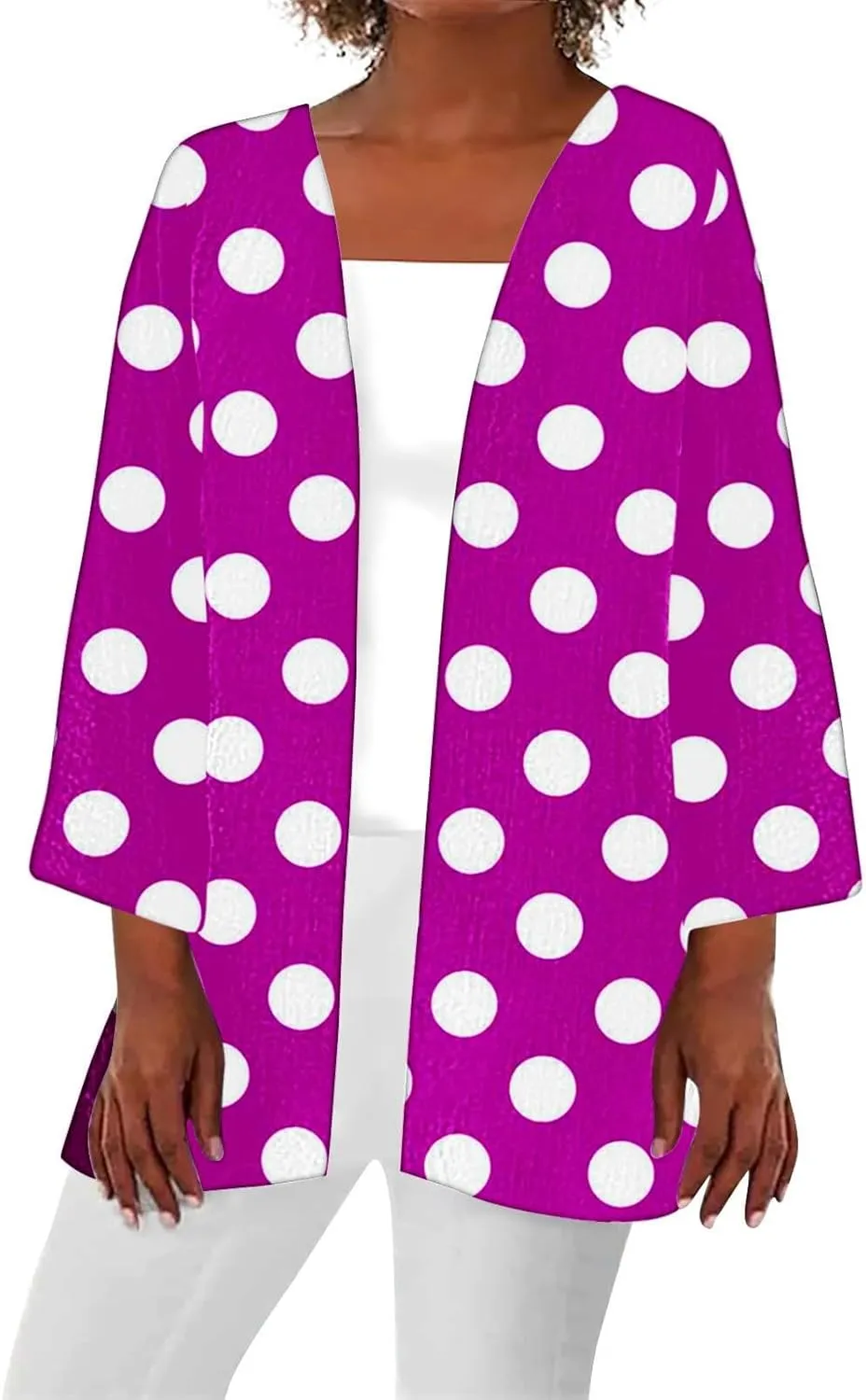 Women Open Front Cardigan Lightweight Polka Dot Print 3/4 Sleeve Chiffon Blouse Swater Coat Casual Summer Beachwear