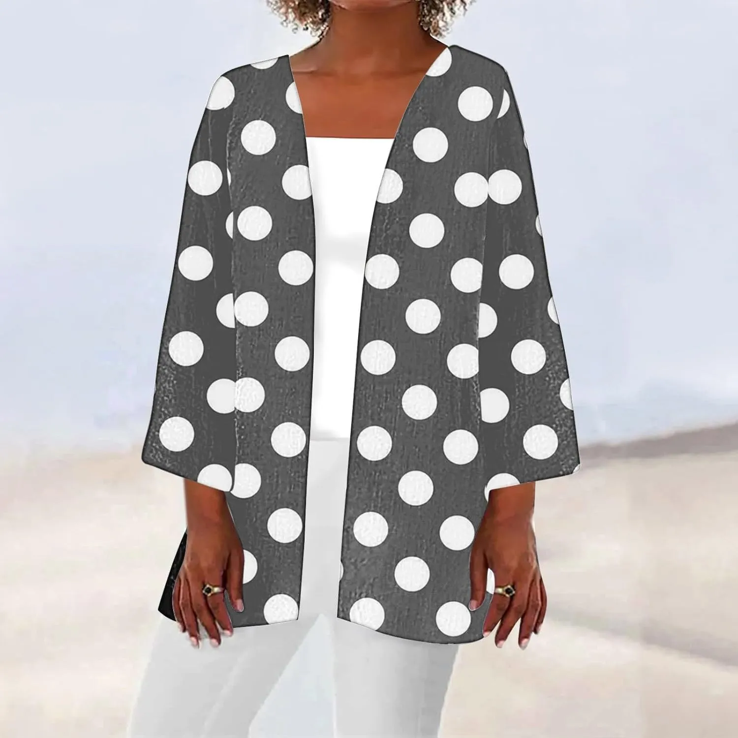 Women Open Front Cardigan Lightweight Polka Dot Print 3/4 Sleeve Chiffon Blouse Swater Coat Casual Summer Beachwear