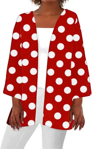 Women Open Front Cardigan Lightweight Polka Dot Print 3/4 Sleeve Chiffon Blouse Swater Coat Casual Summer Beachwear