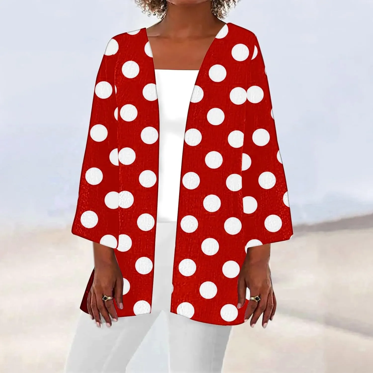 Women Open Front Cardigan Lightweight Polka Dot Print 3/4 Sleeve Chiffon Blouse Swater Coat Casual Summer Beachwear