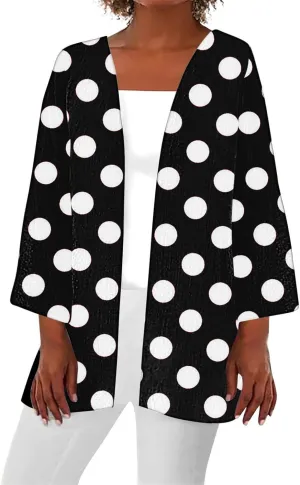 Women Open Front Cardigan Lightweight Polka Dot Print 3/4 Sleeve Chiffon Blouse Swater Coat Casual Summer Beachwear