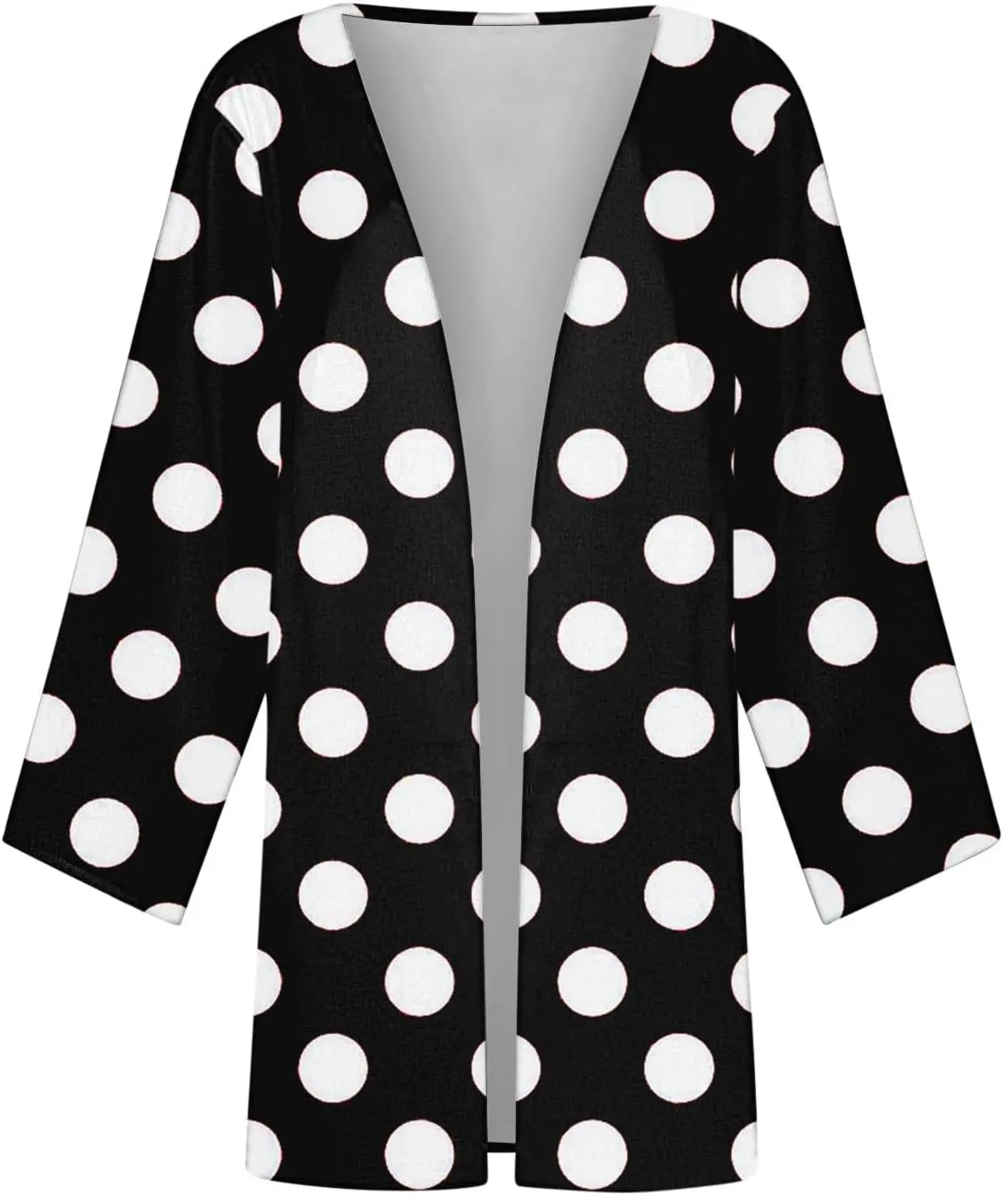 Women Open Front Cardigan Lightweight Polka Dot Print 3/4 Sleeve Chiffon Blouse Swater Coat Casual Summer Beachwear