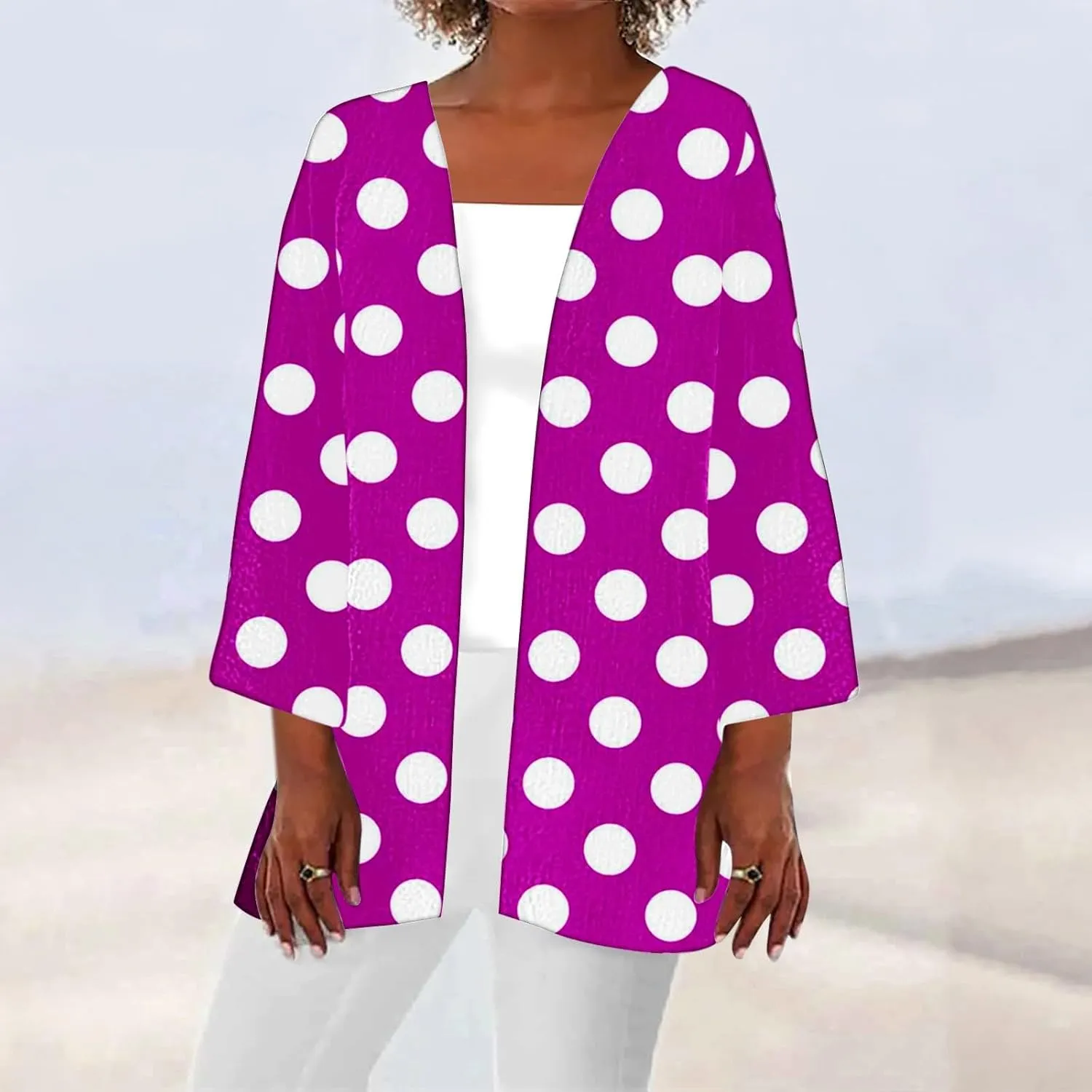 Women Open Front Cardigan Lightweight Polka Dot Print 3/4 Sleeve Chiffon Blouse Swater Coat Casual Summer Beachwear