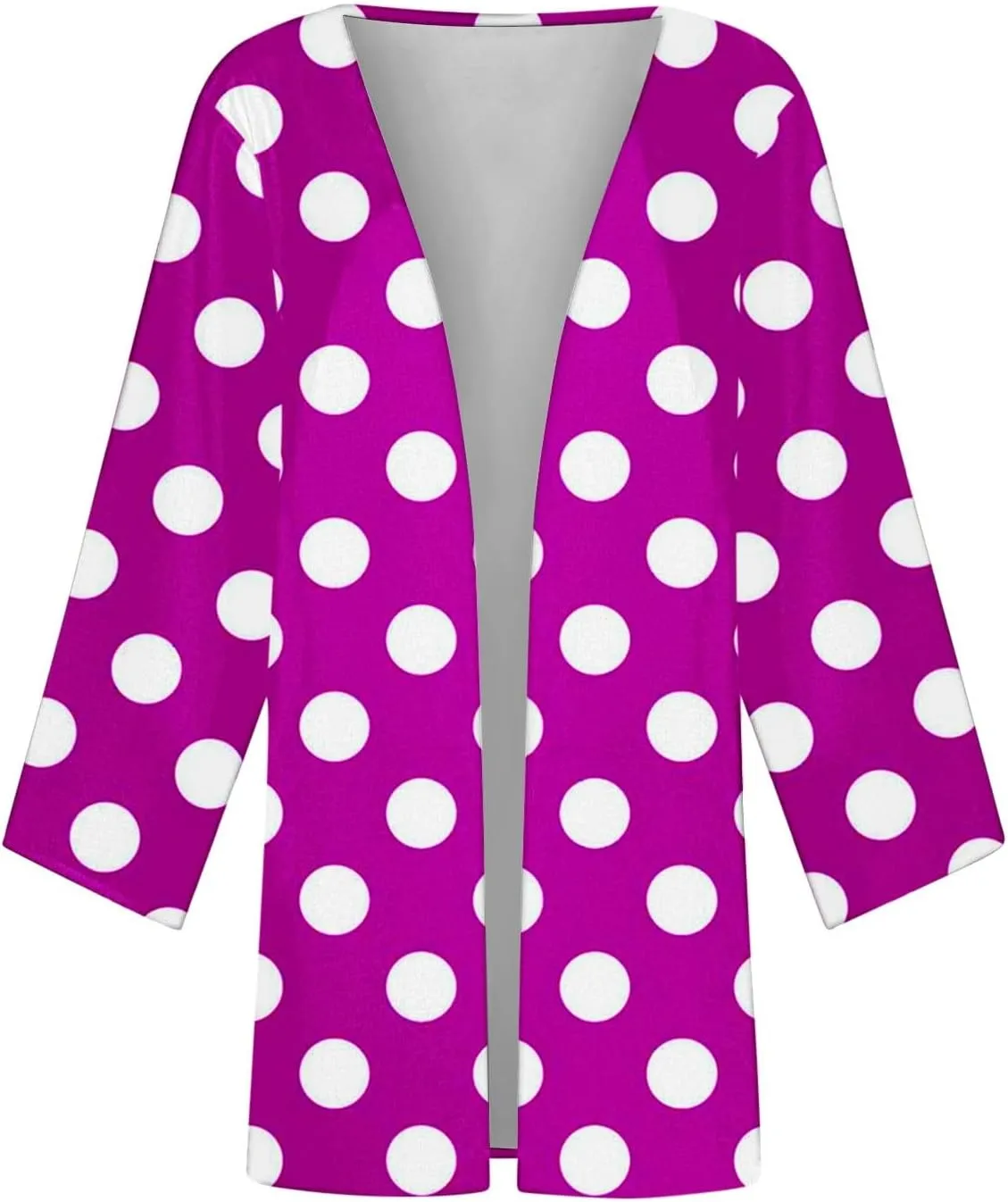 Women Open Front Cardigan Lightweight Polka Dot Print 3/4 Sleeve Chiffon Blouse Swater Coat Casual Summer Beachwear
