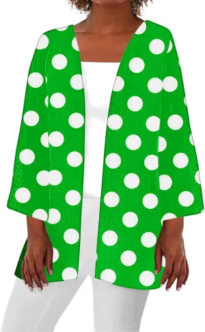 Women Open Front Cardigan Lightweight Polka Dot Print 3/4 Sleeve Chiffon Blouse Swater Coat Casual Summer Beachwear