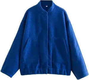 Women Oversized Wool Blend Jackets, Button Down Jackets Casual Stand Collar Outerwear Bomber Jackets with Pockets