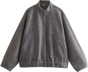 Women Oversized Wool Blend Jackets, Button Down Jackets Casual Stand Collar Outerwear Bomber Jackets with Pockets