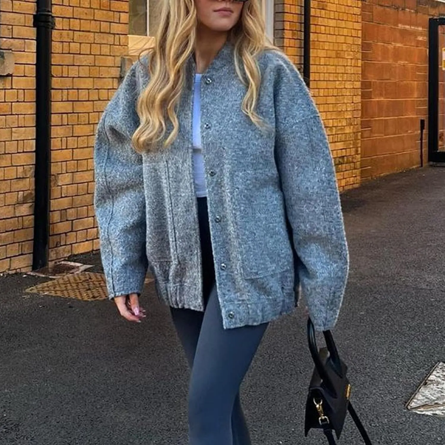 Women Oversized Wool Blend Jackets, Button Down Jackets Casual Stand Collar Outerwear Bomber Jackets with Pockets