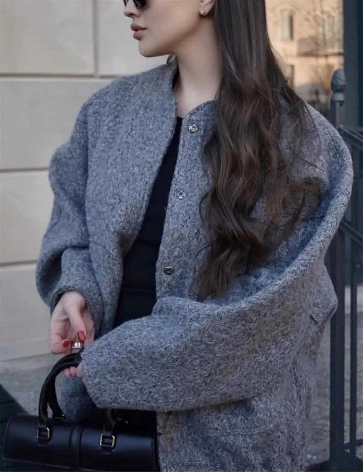 Women Oversized Wool Blend Jackets, Button Down Jackets Casual Stand Collar Outerwear Bomber Jackets with Pockets