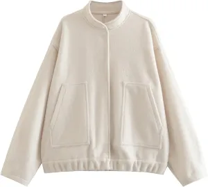 Women Oversized Wool Blend Jackets, Button Down Jackets Casual Stand Collar Outerwear Bomber Jackets with Pockets