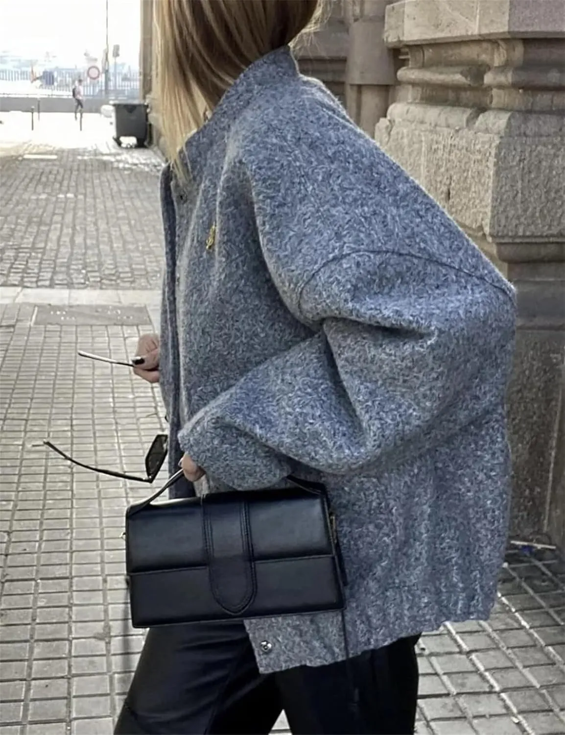 Women Oversized Wool Blend Jackets, Button Down Jackets Casual Stand Collar Outerwear Bomber Jackets with Pockets