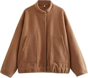 Women Oversized Wool Blend Jackets, Button Down Jackets Casual Stand Collar Outerwear Bomber Jackets with Pockets
