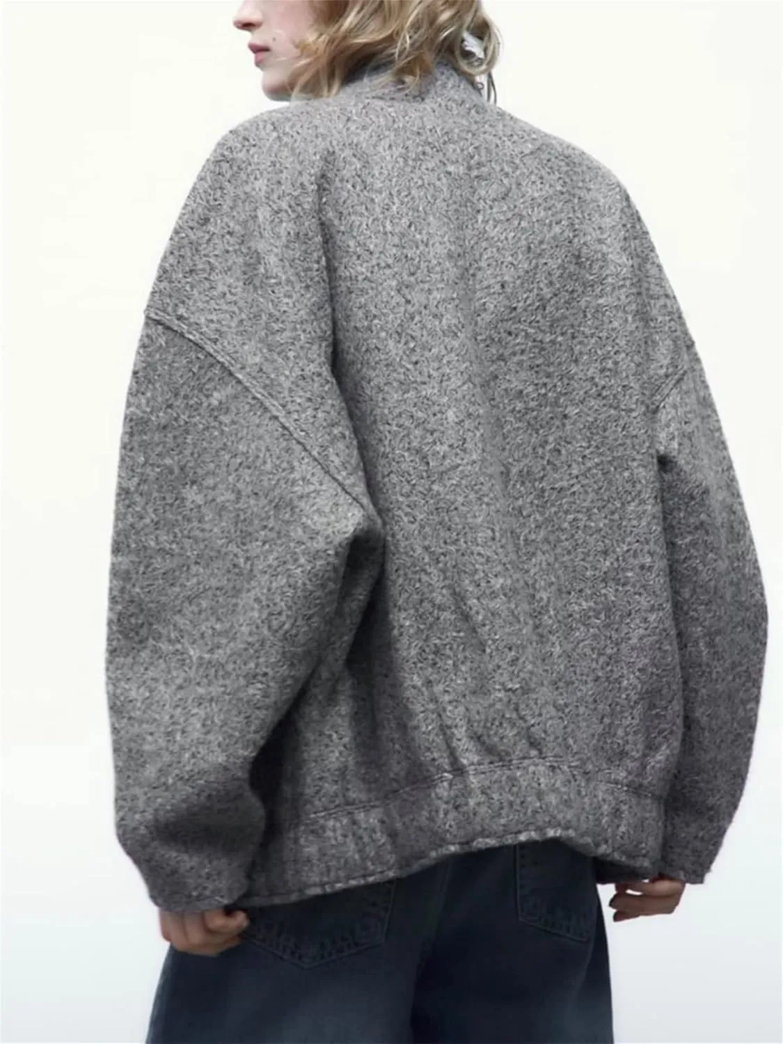 Women Oversized Wool Blend Jackets, Button Down Jackets Casual Stand Collar Outerwear Bomber Jackets with Pockets