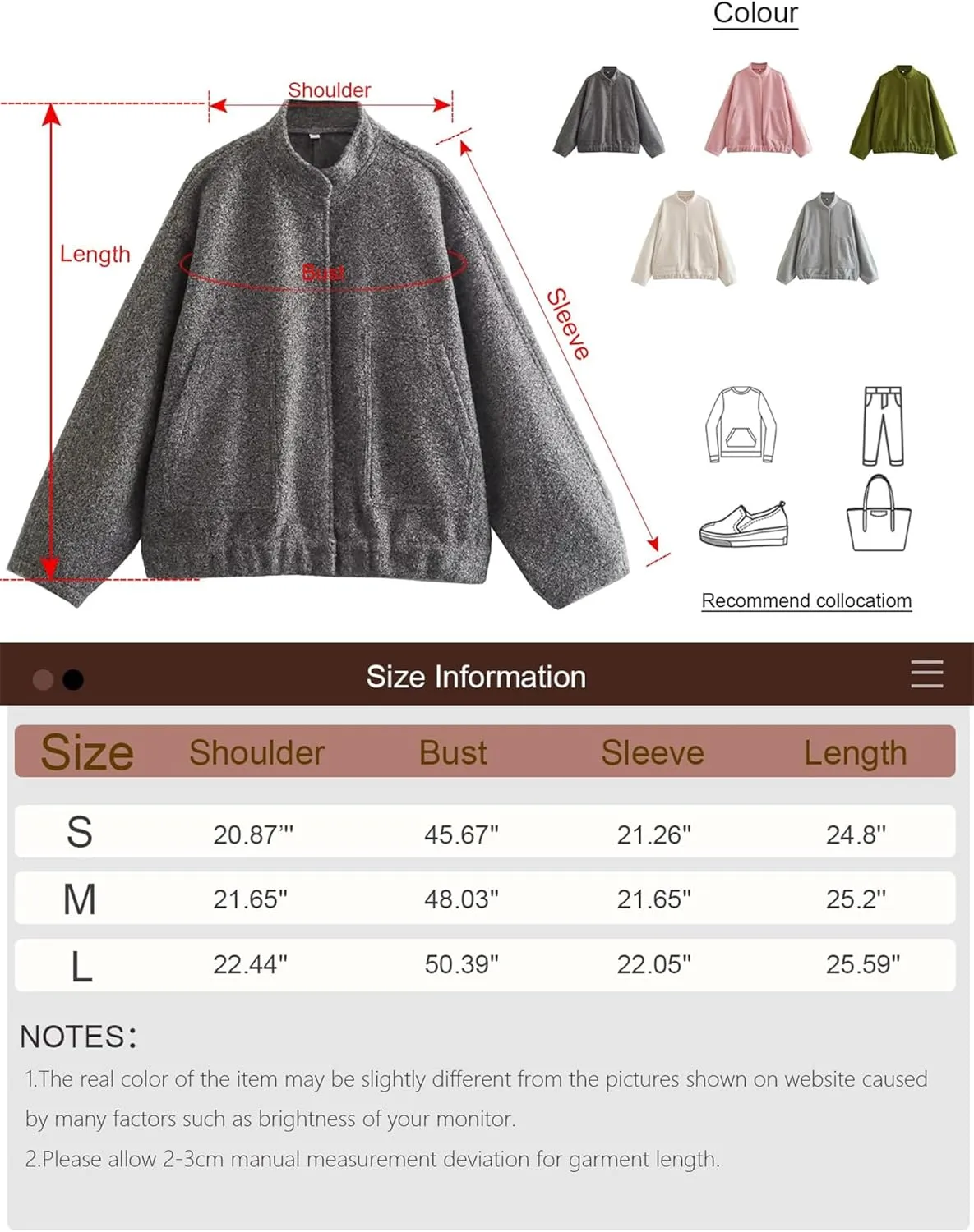 Women Oversized Wool Blend Jackets, Button Down Jackets Casual Stand Collar Outerwear Bomber Jackets with Pockets