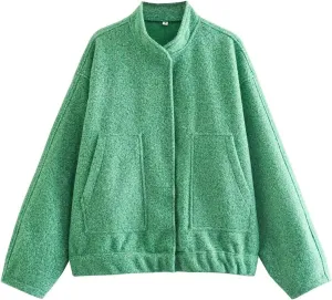 Women Oversized Wool Blend Jackets, Button Down Jackets Casual Stand Collar Outerwear Bomber Jackets with Pockets