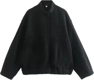Women Oversized Wool Blend Jackets, Button Down Jackets Casual Stand Collar Outerwear Bomber Jackets with Pockets
