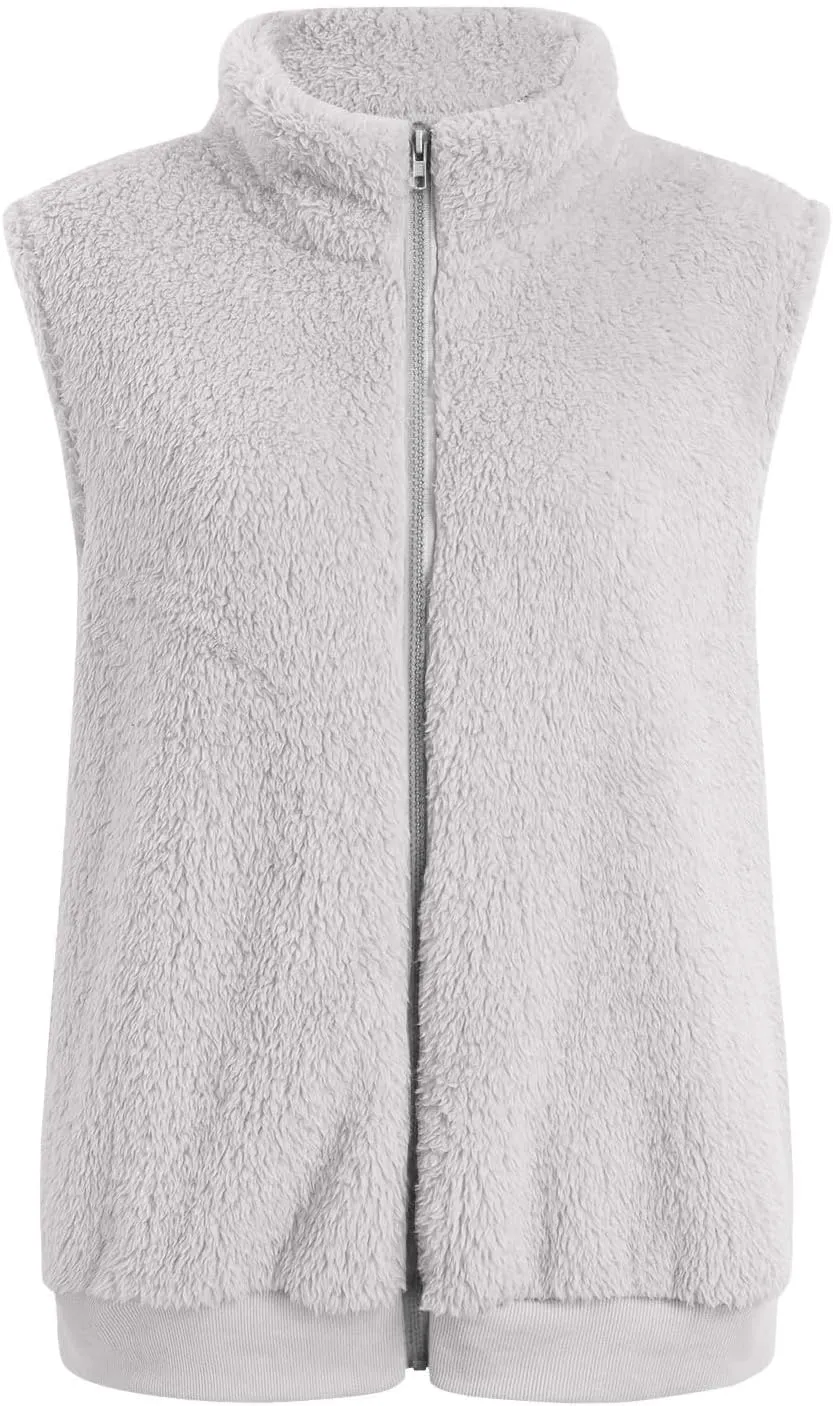 Women Plush Hooded Coats Lightweight Vest Coat Winter Outwear Zip Up Fleece Sleeveless Jacket with Pockets